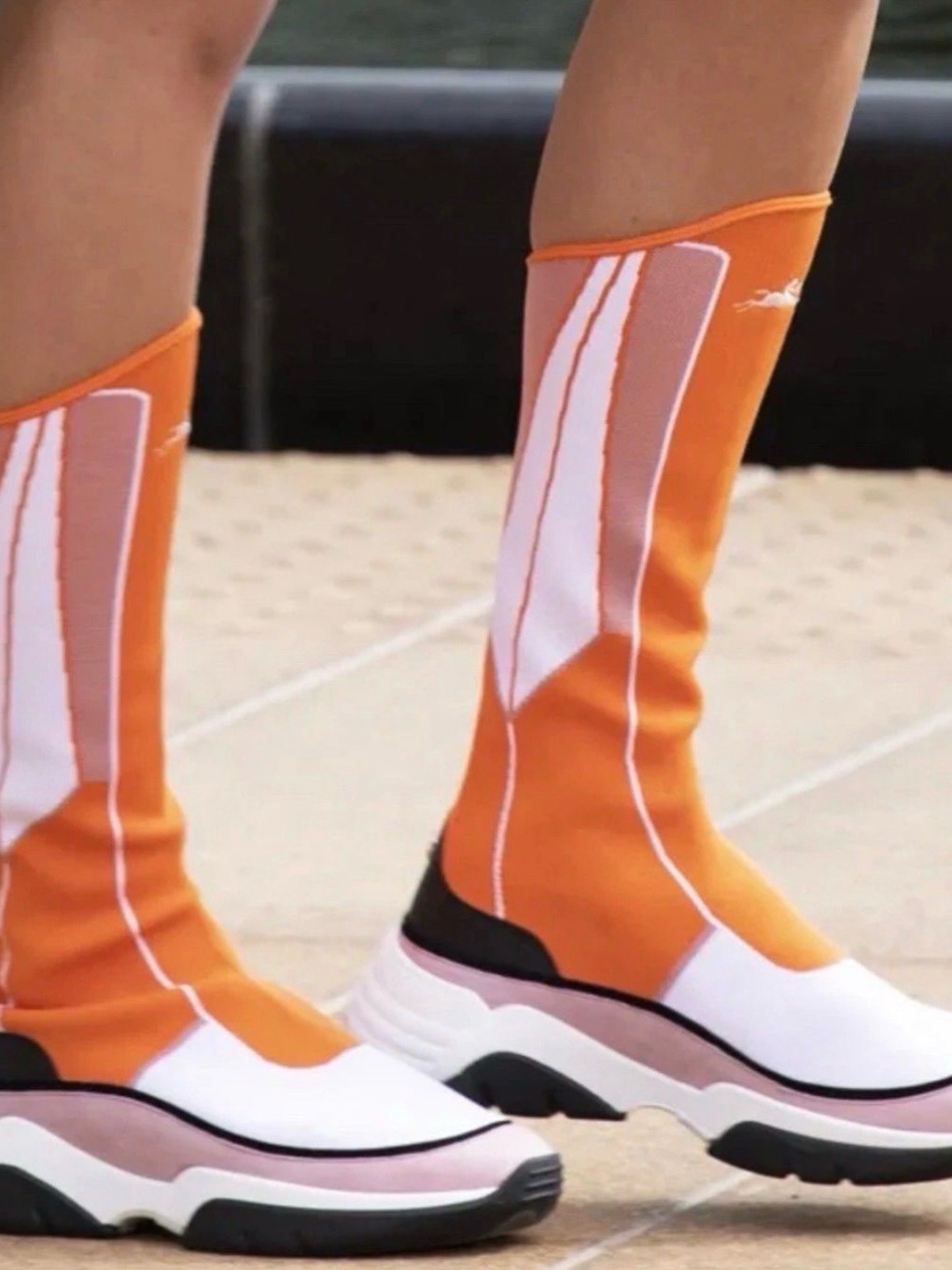 Longchamp Orange And White Knit Sock Sneakers